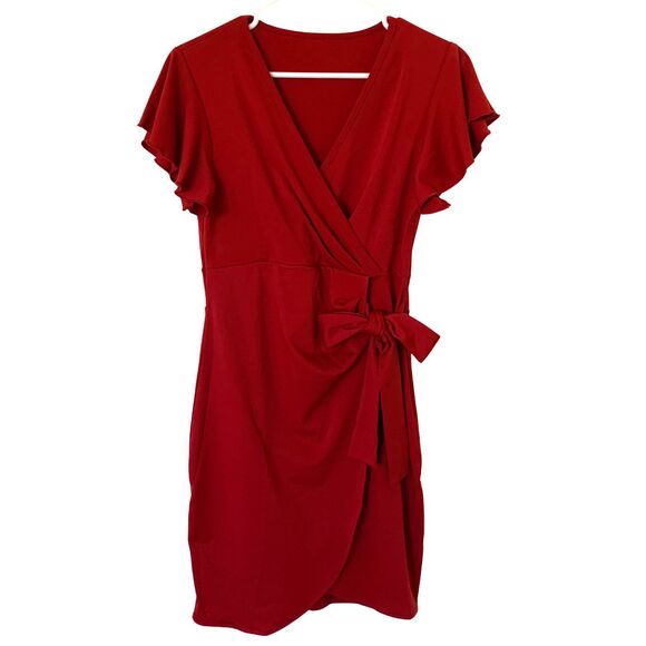 Red Faux Wrap Dress with Side Tie – Short Sleeve Knee Length Women’s Size M - Picture 9 of 10